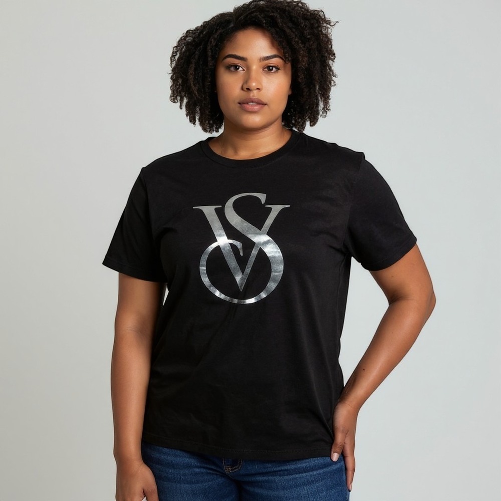 Victorias Secret Black Metallic Gold Monogram Logo Graphic T-Shirt Large NWT